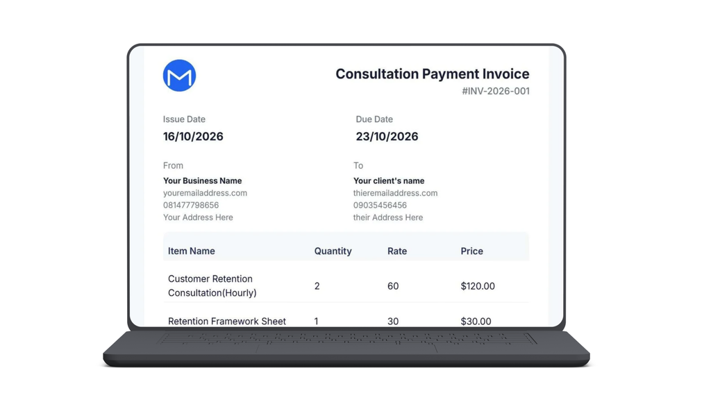 Detailed invoice layout shown on a tablet screen with clear itemized line items.